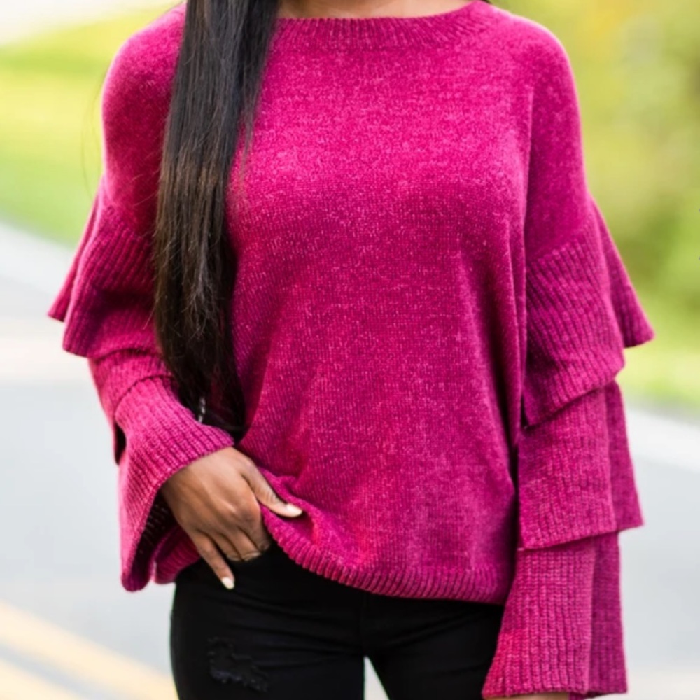 MINT JULEP BOUTIQUE WINE RED RUFFLED SWEATER